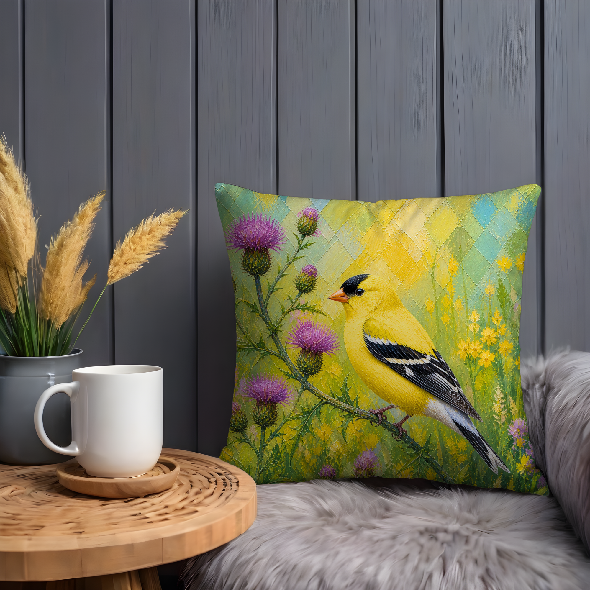 Goldfinch Thistle Pillow Cover | Vibrant Bird Art | Cheerful Nature Decor