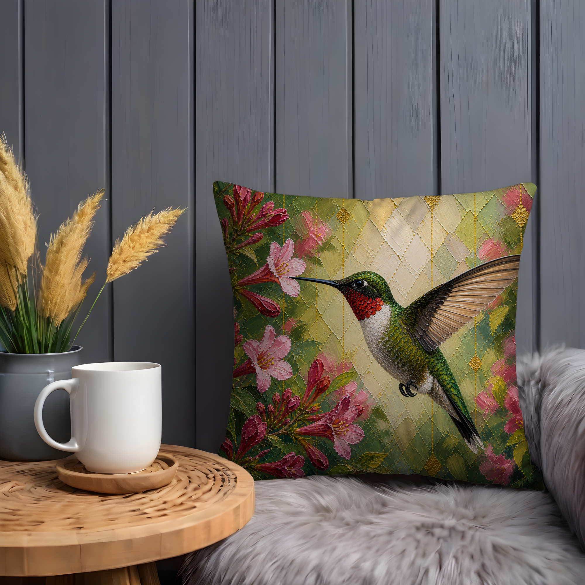 Hummingbird Flower Pillow Cover | Vibrant Botanical Art | Nature Decor