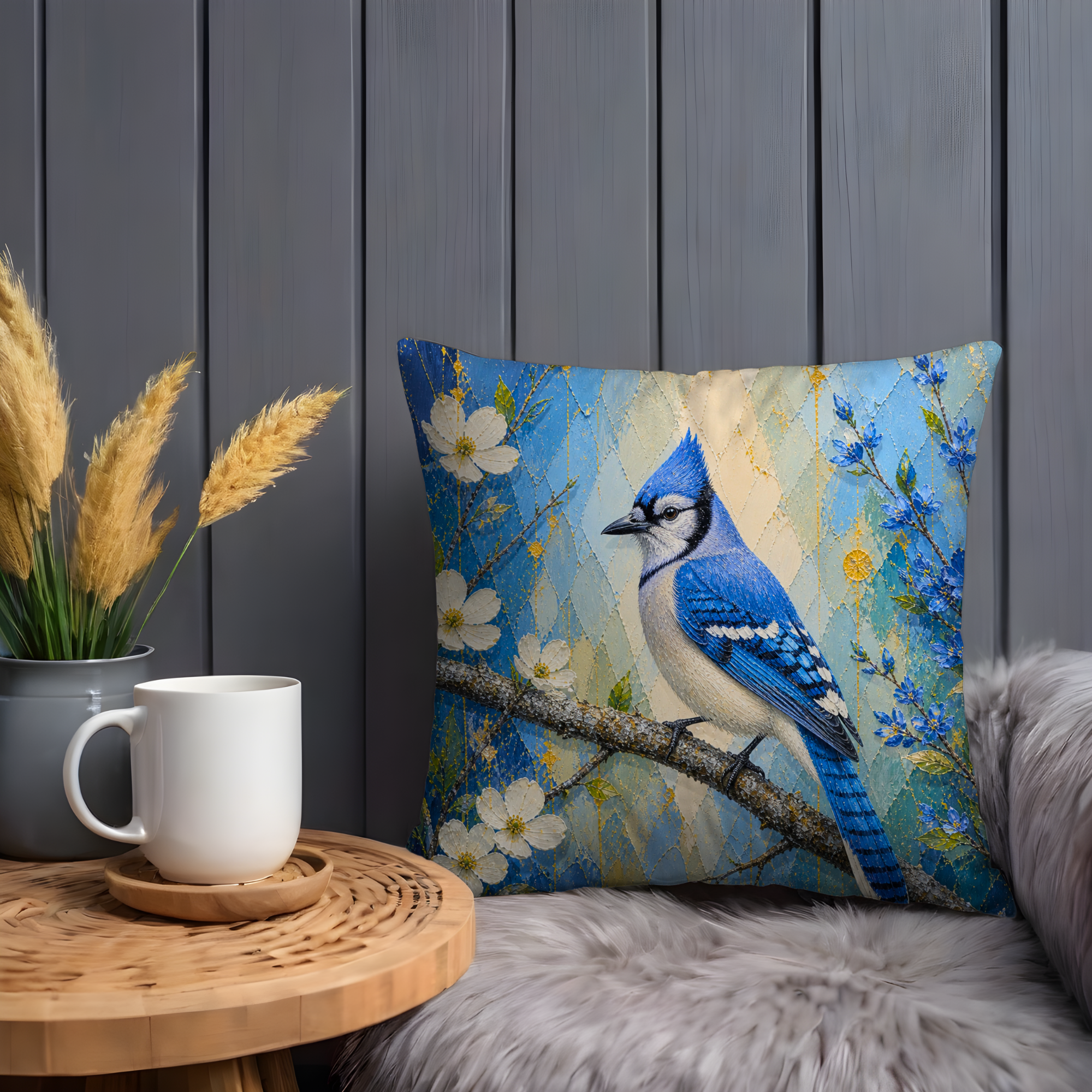 Blue Jay Pillow Cover | Vibrant Bird Art | Elegant Nature Decor
