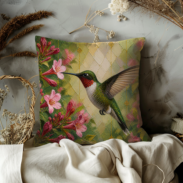 Hummingbird Flower Pillow Cover – Vibrant Botanical Art | Nature Decor