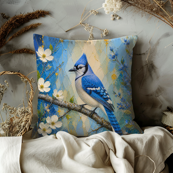 Blue Jay Pillow Cover – Vibrant Bird Art | Elegant Nature Decor