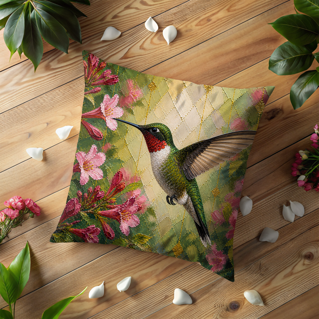 Hummingbird Flower Pillow Cover | Vibrant Botanical Art | Nature Decor