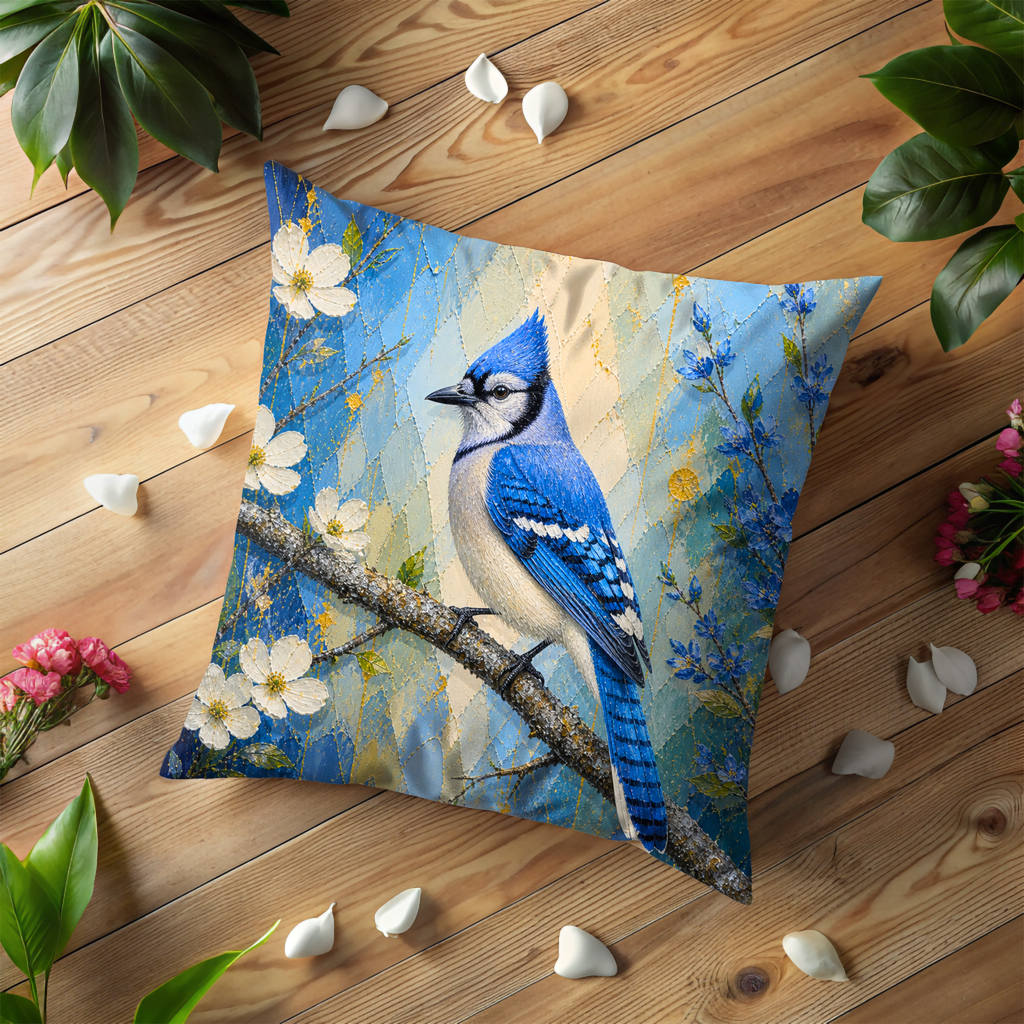 Blue Jay Pillow Cover | Vibrant Bird Art | Elegant Nature Decor