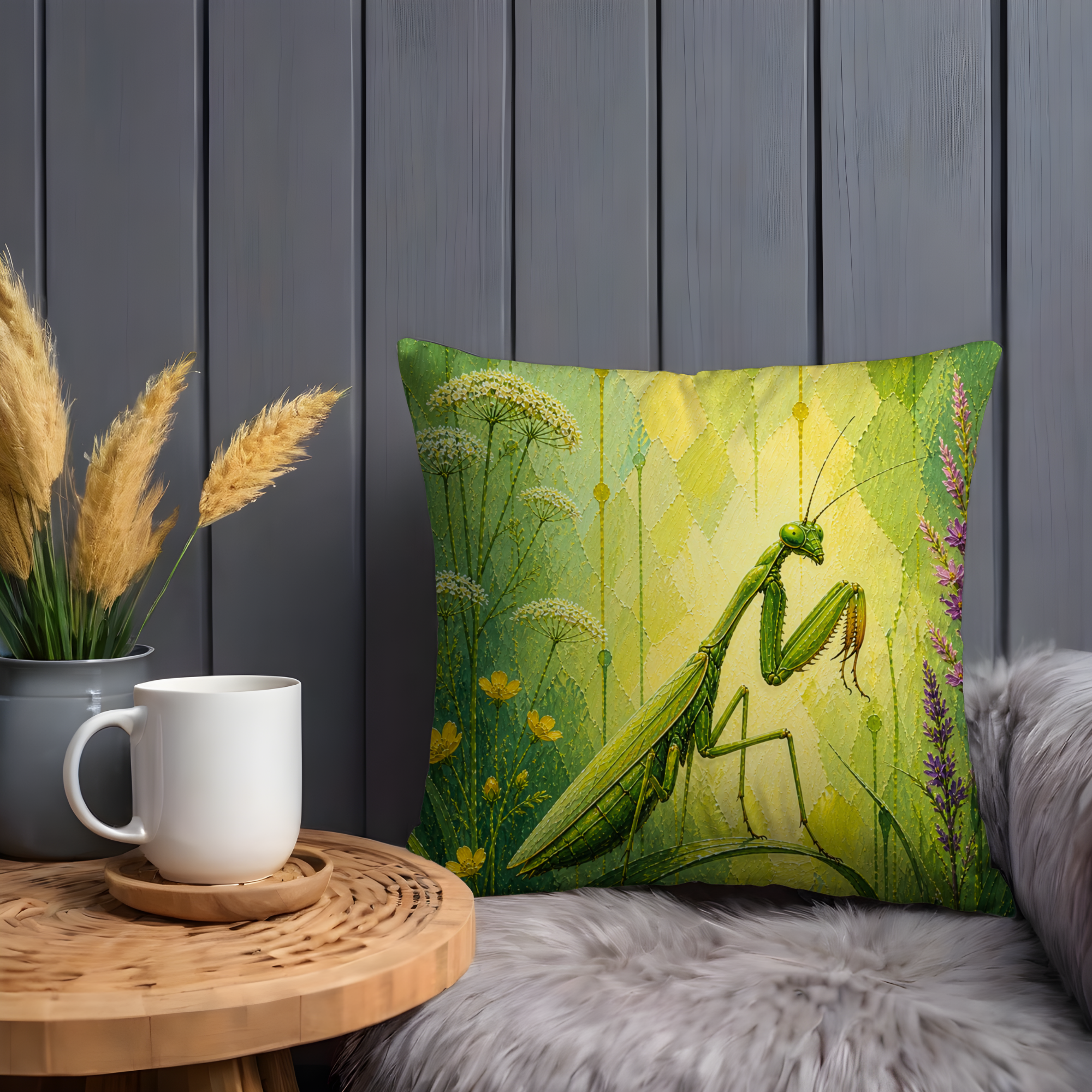 Praying Mantis Pillow Cover | Green Botanical Art | Nature Decor