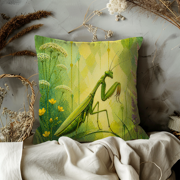 Praying Mantis Pillow Cover – Green Botanical Art | Nature Decor