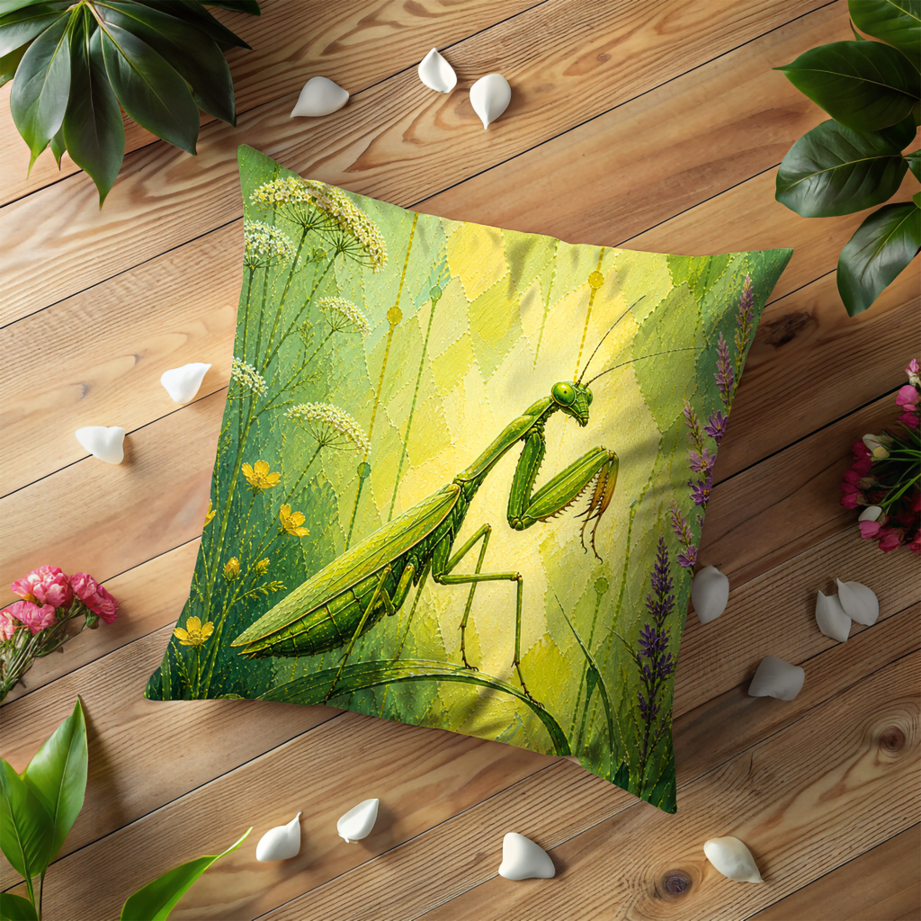 Praying Mantis Pillow Cover | Green Botanical Art | Nature Decor