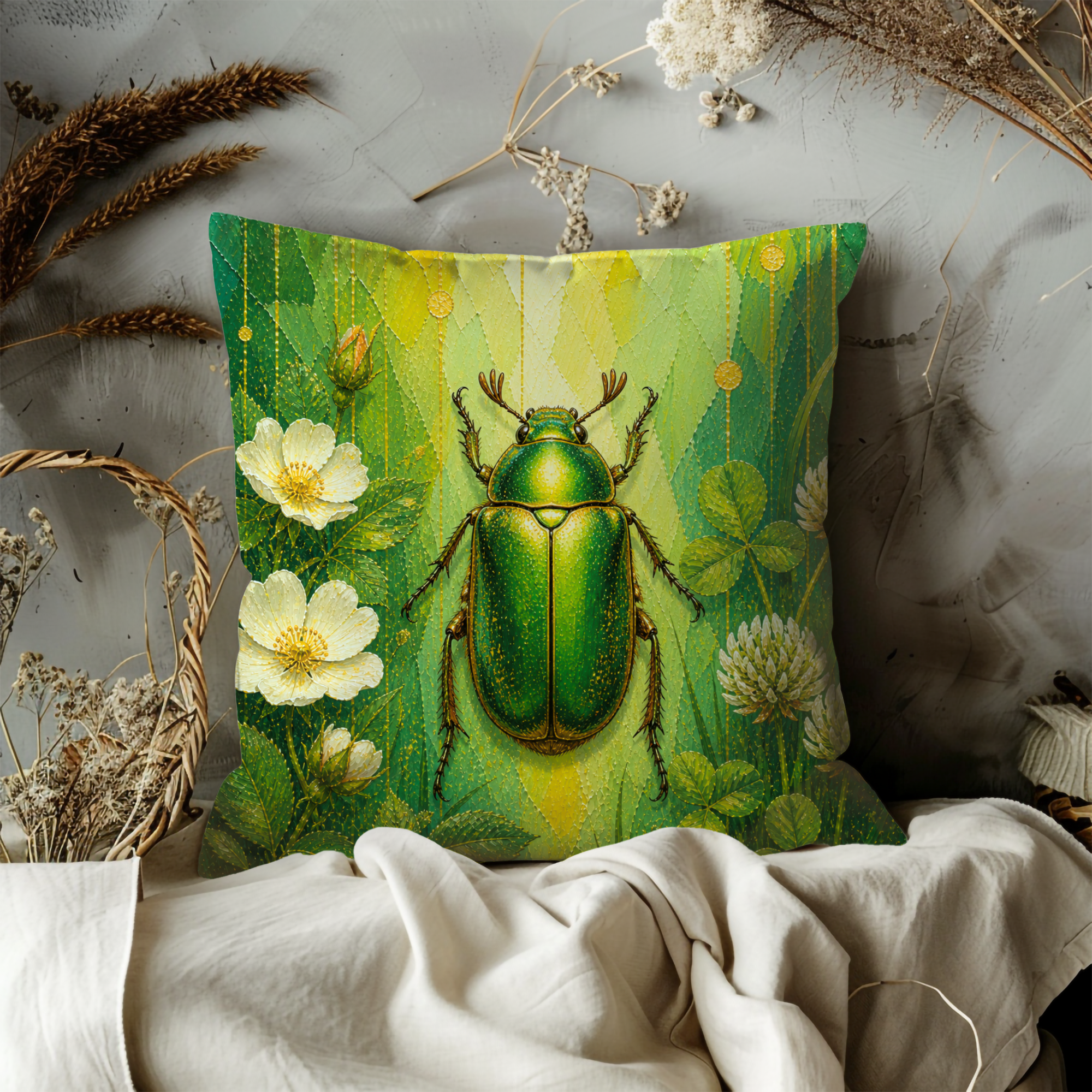 Green Beetle Pillow Cover | Botanical Insect Art | Nature Decor