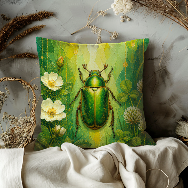 Green Beetle Pillow Cover – Botanical Insect Art | Nature Decor