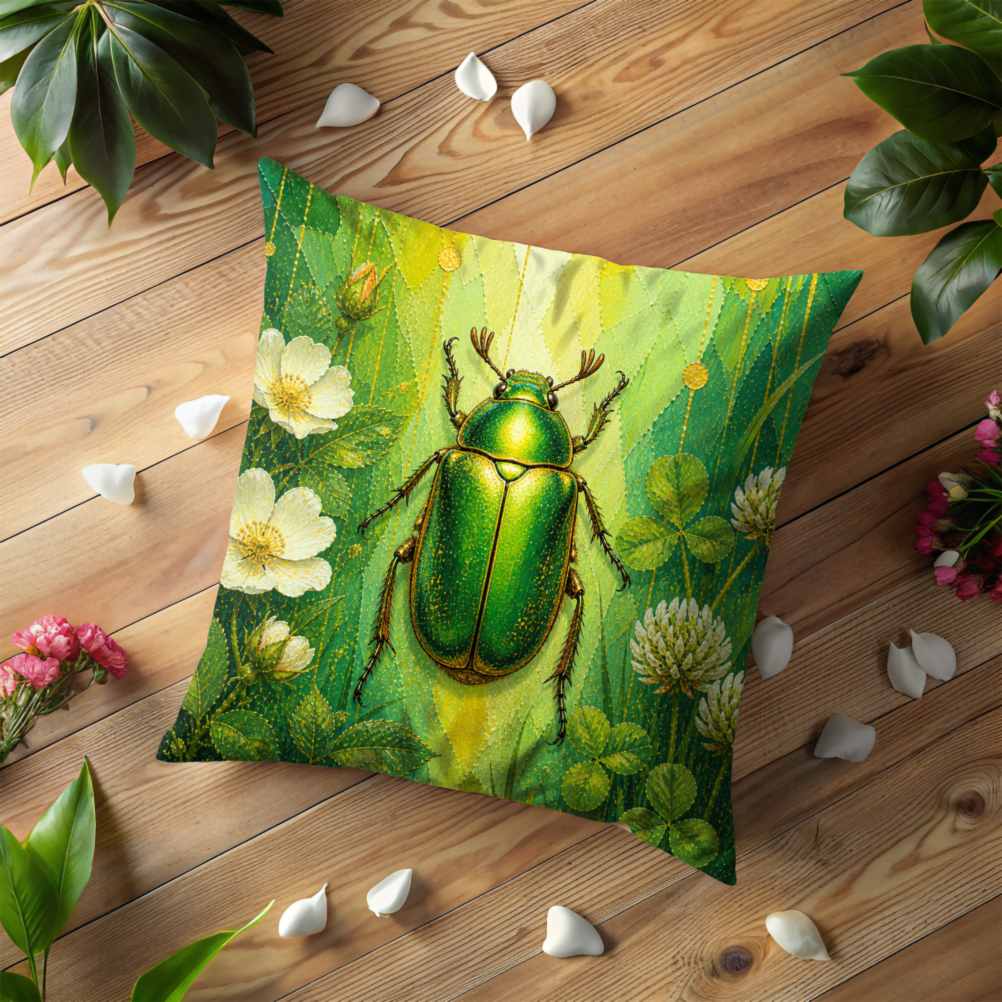 Green Beetle Pillow Cover | Botanical Insect Art | Nature Decor