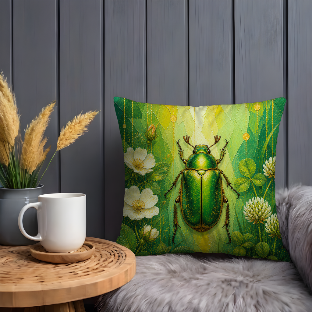 Green Beetle Pillow Cover | Botanical Insect Art | Nature Decor