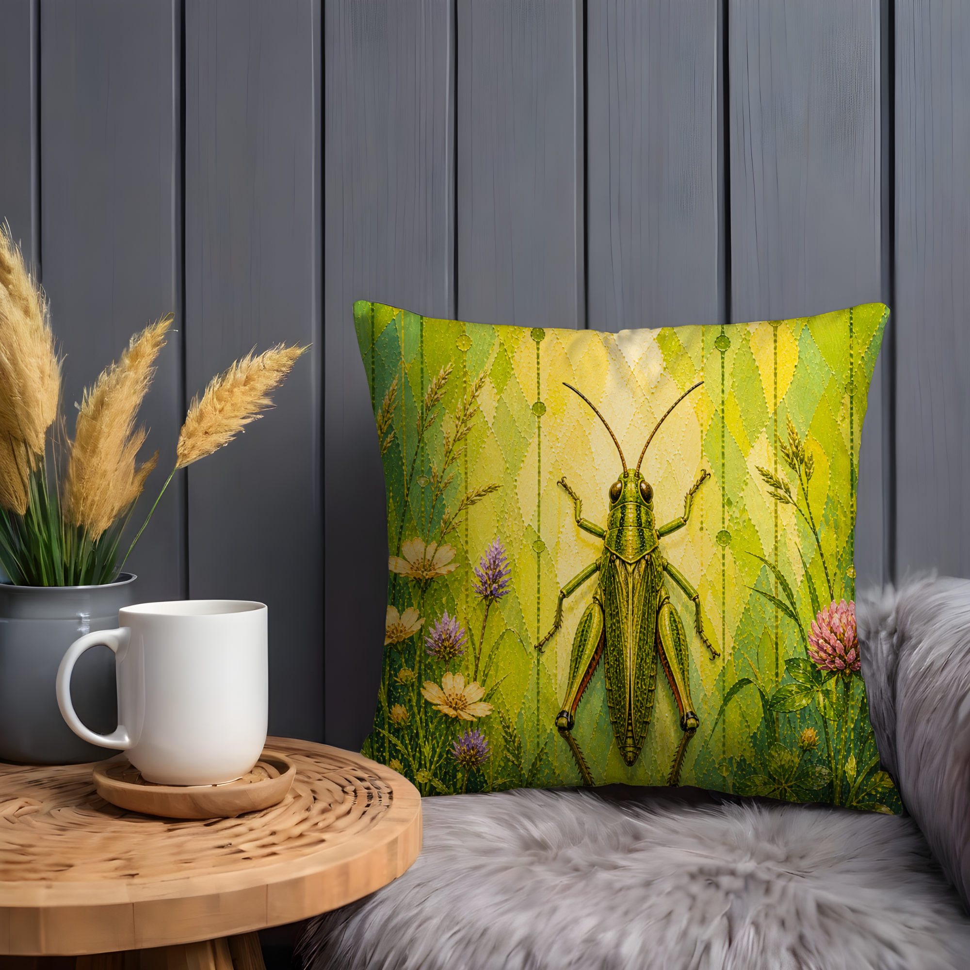 Green Grasshopper Pillow Cover | Vibrant Insect Art | Bold Nature Decor