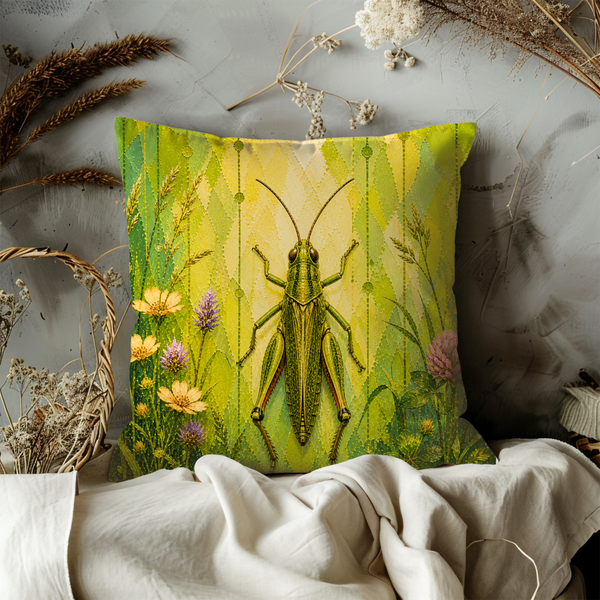 Green Grasshopper Pillow Cover – Vibrant Insect Art | Bold Nature Decor
