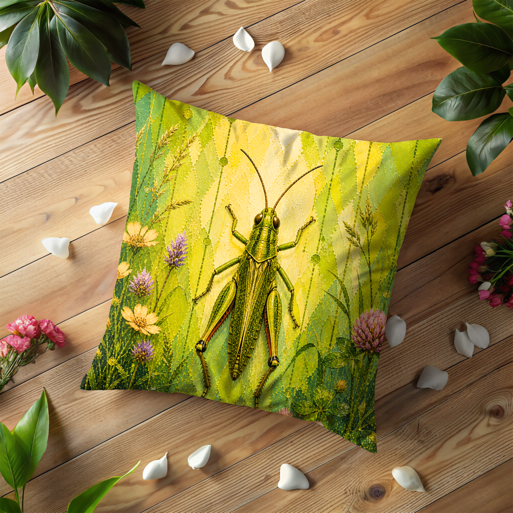 Green Grasshopper Pillow Cover | Vibrant Insect Art | Bold Nature Decor