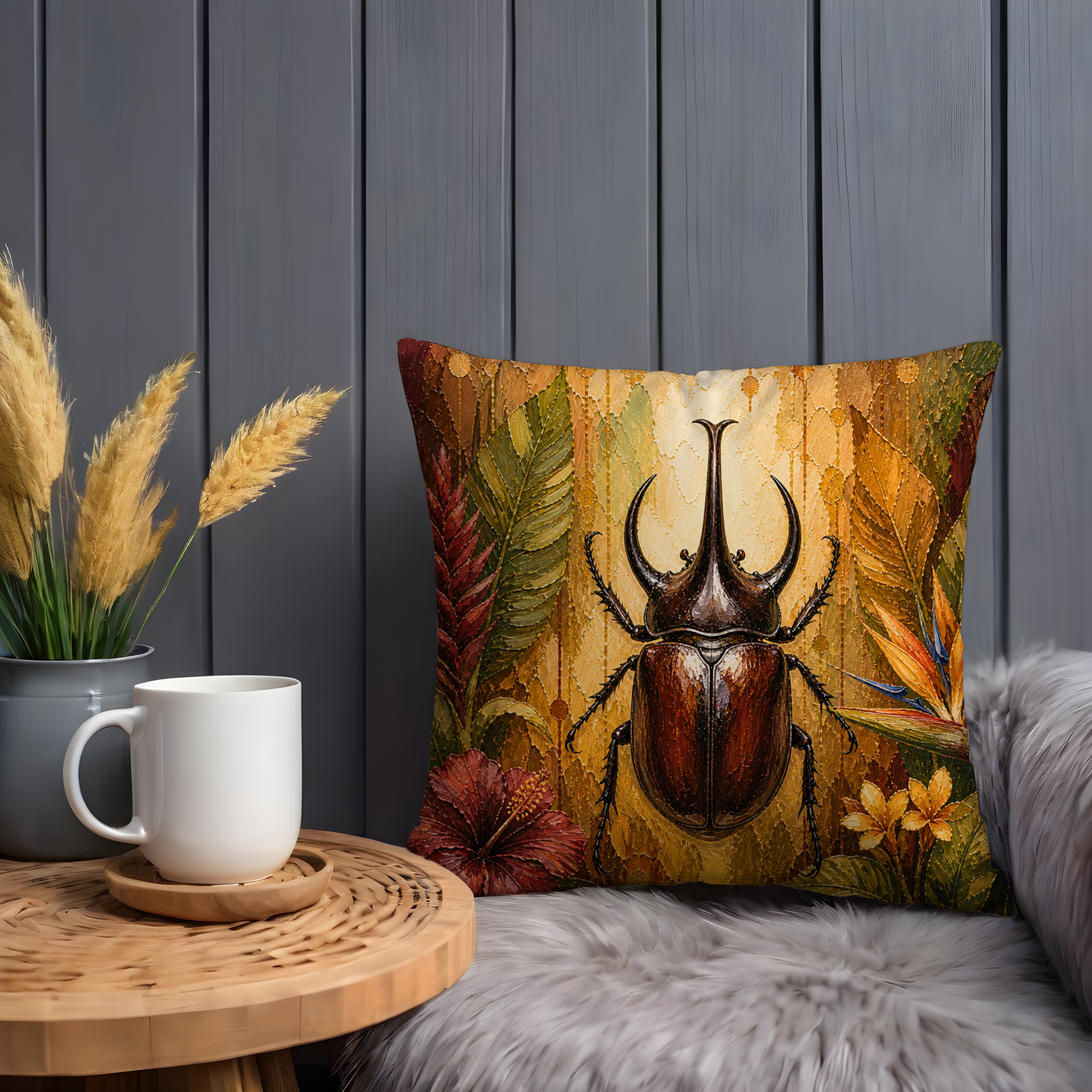 Rhinoceros Beetle Pillow Cover | Tropical Insect Art | Bold Nature Decor