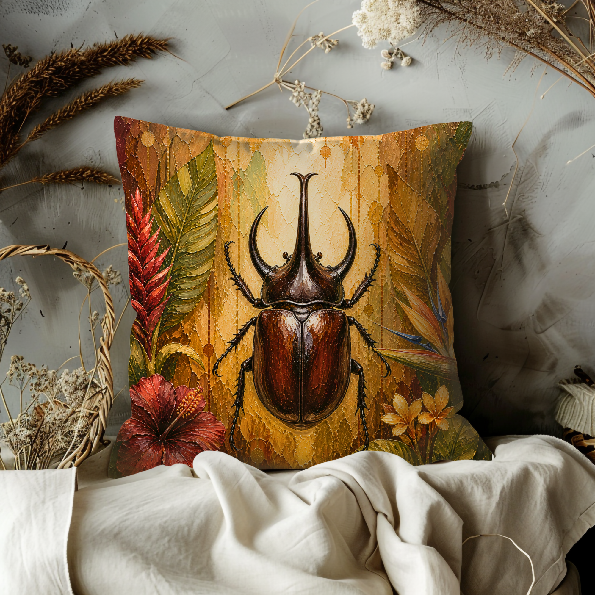 Rhinoceros Beetle Pillow Cover | Tropical Insect Art | Bold Nature Decor