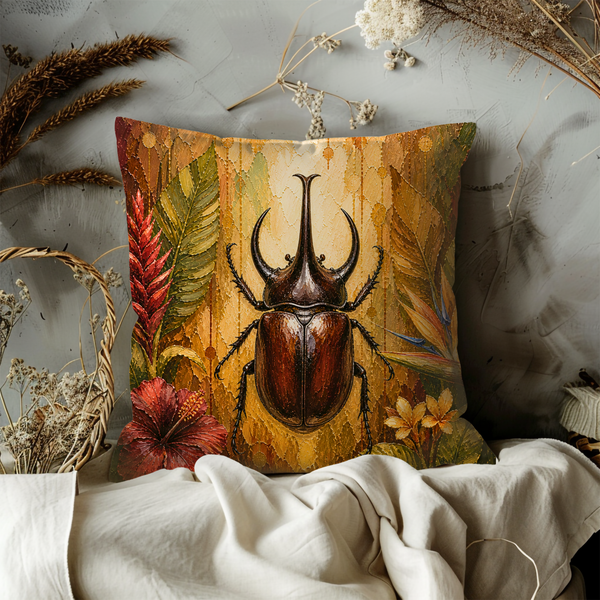 Rhinoceros Beetle Pillow Cover – Tropical Insect Art | Bold Nature Decor