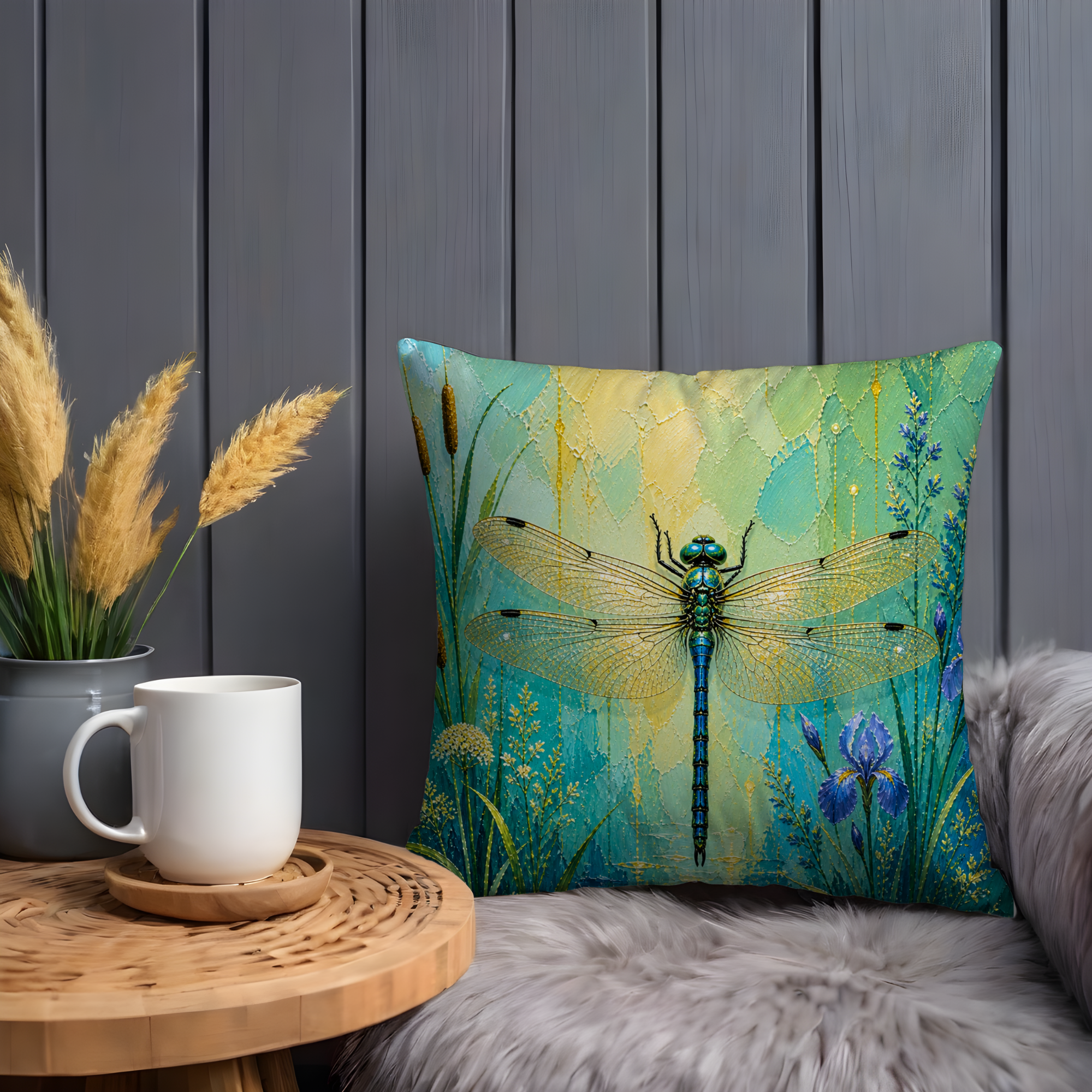 Dragonfly Pillow Cover | Teal Botanical Art | Nature Decor