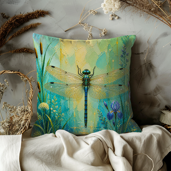 Dragonfly Pillow Cover – Teal Botanical Art | Nature Decor