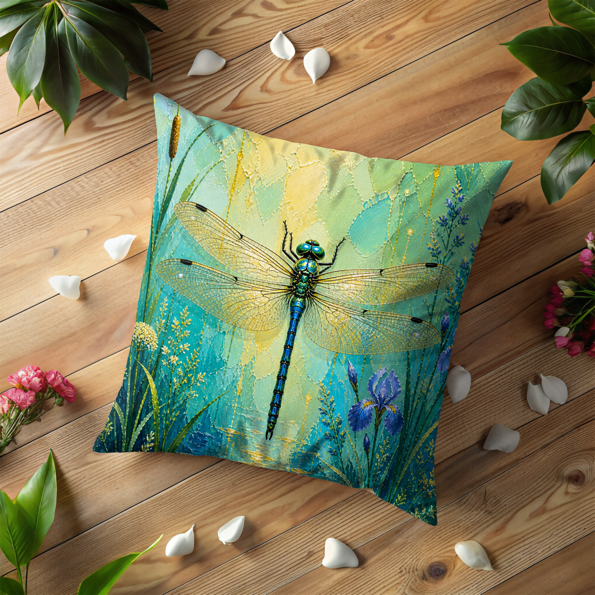 Dragonfly Pillow Cover | Teal Botanical Art | Nature Decor
