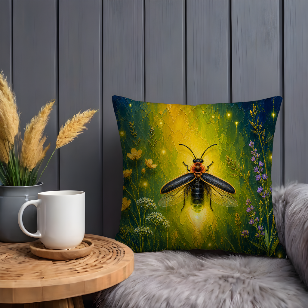 Glowing Firefly Pillow Cover | Magical Insect Art | Vibrant Nature Decor