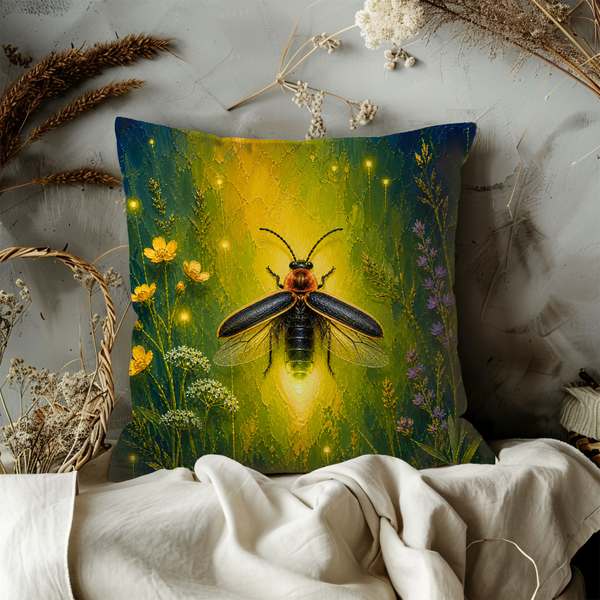 Glowing Firefly Pillow Cover – Magical Insect Art | Vibrant Nature Decor