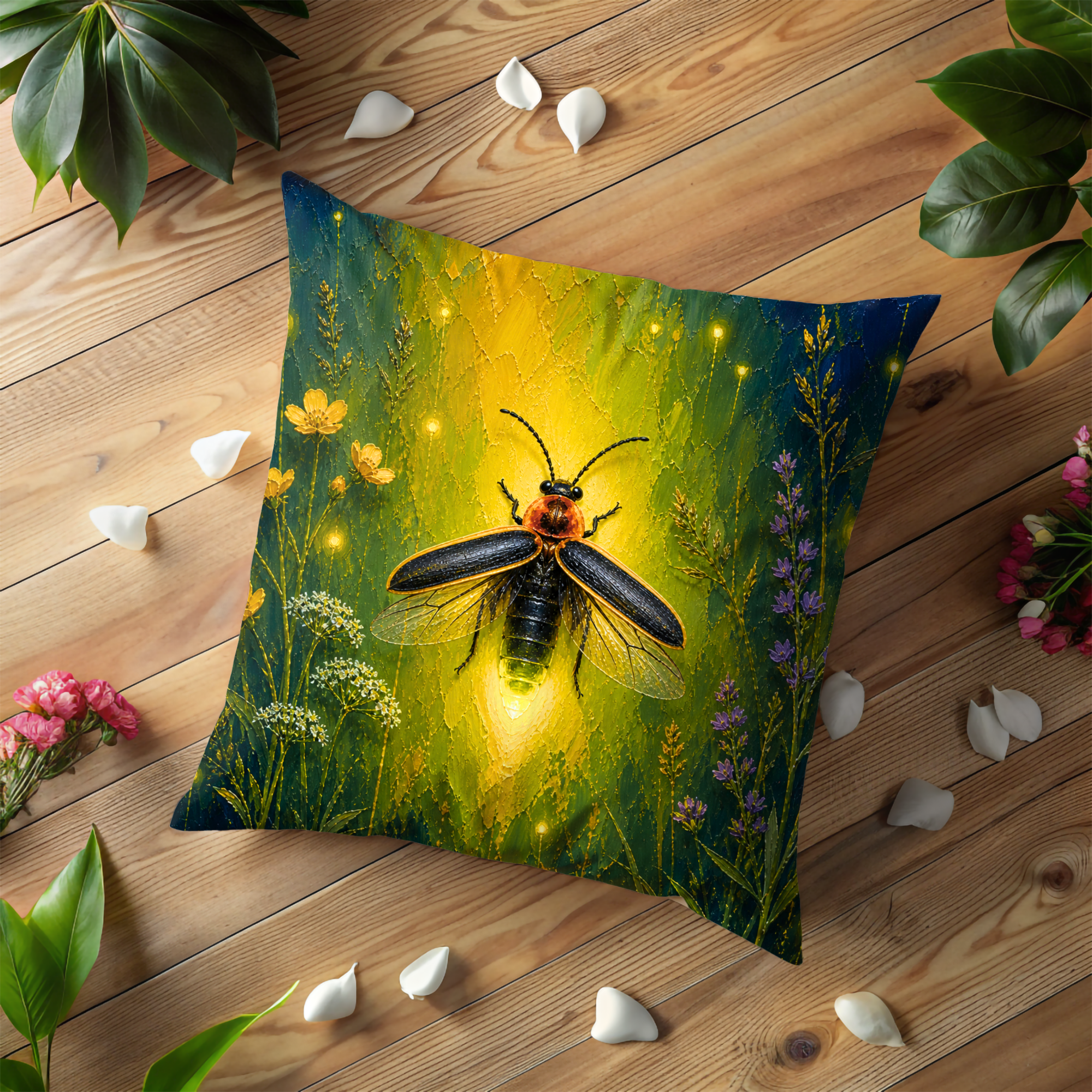 Glowing Firefly Pillow Cover | Magical Insect Art | Vibrant Nature Decor