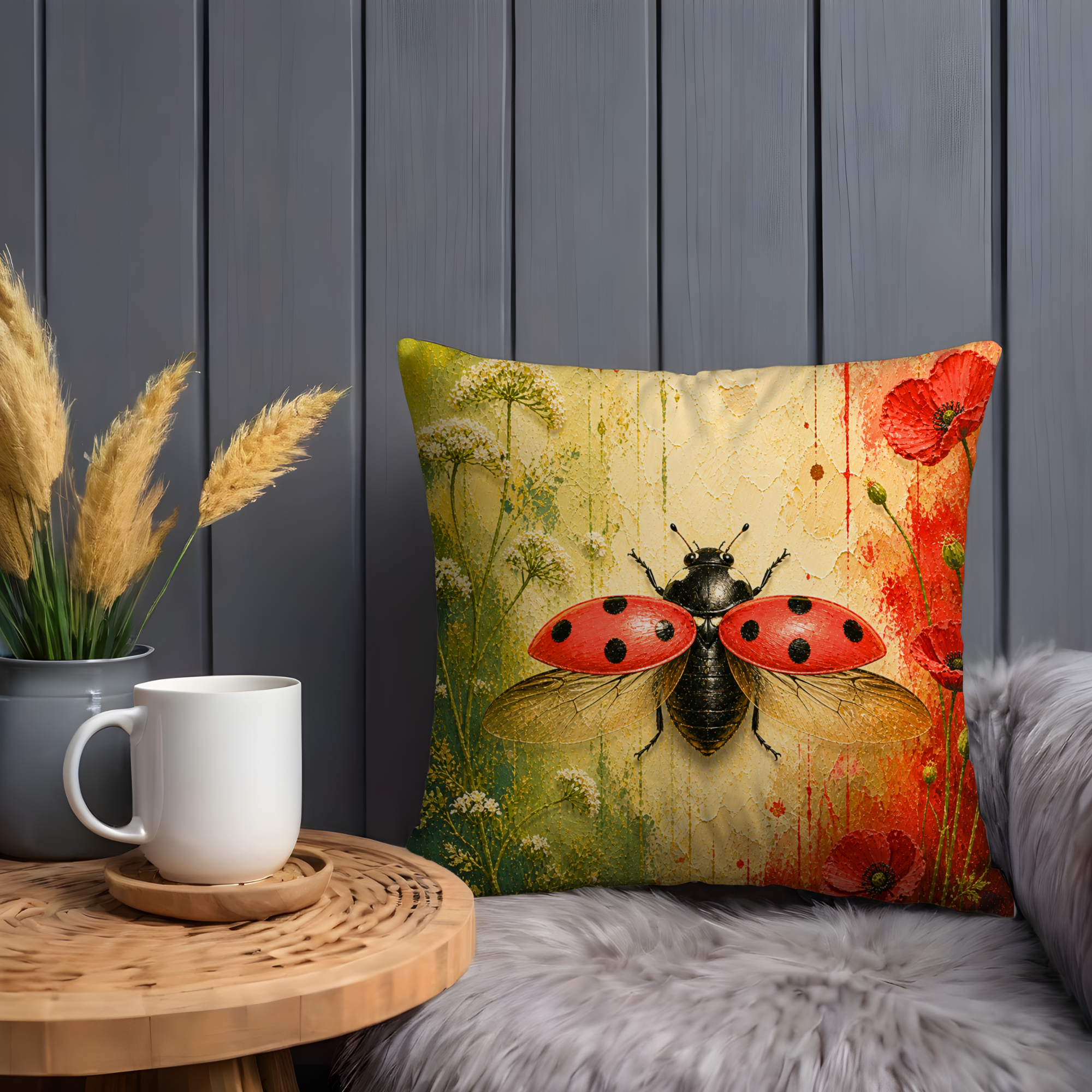Ladybug Pillow Cover | Red Black Insect Art | Nature Decor