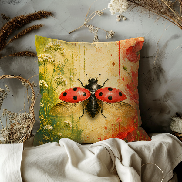 Ladybug Pillow Cover – Red Black Insect Art | Nature Decor