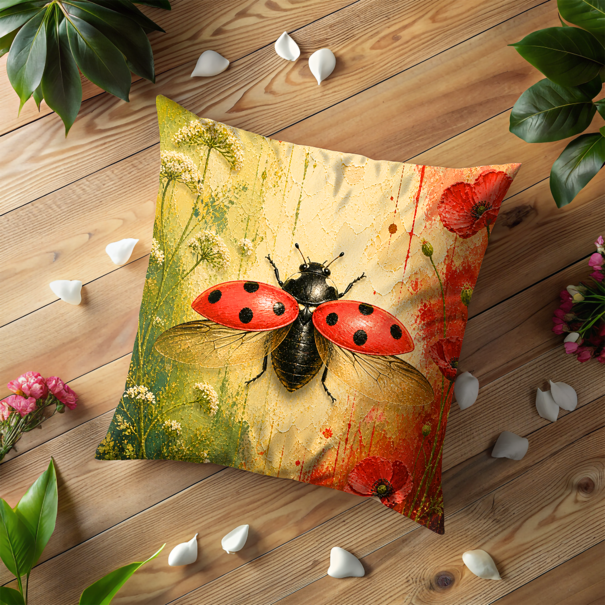 Ladybug Pillow Cover | Red Black Insect Art | Nature Decor