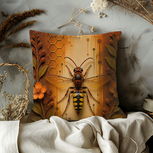 Golden Wasp Pillow Cover – Honeycomb Botanical Insect Art