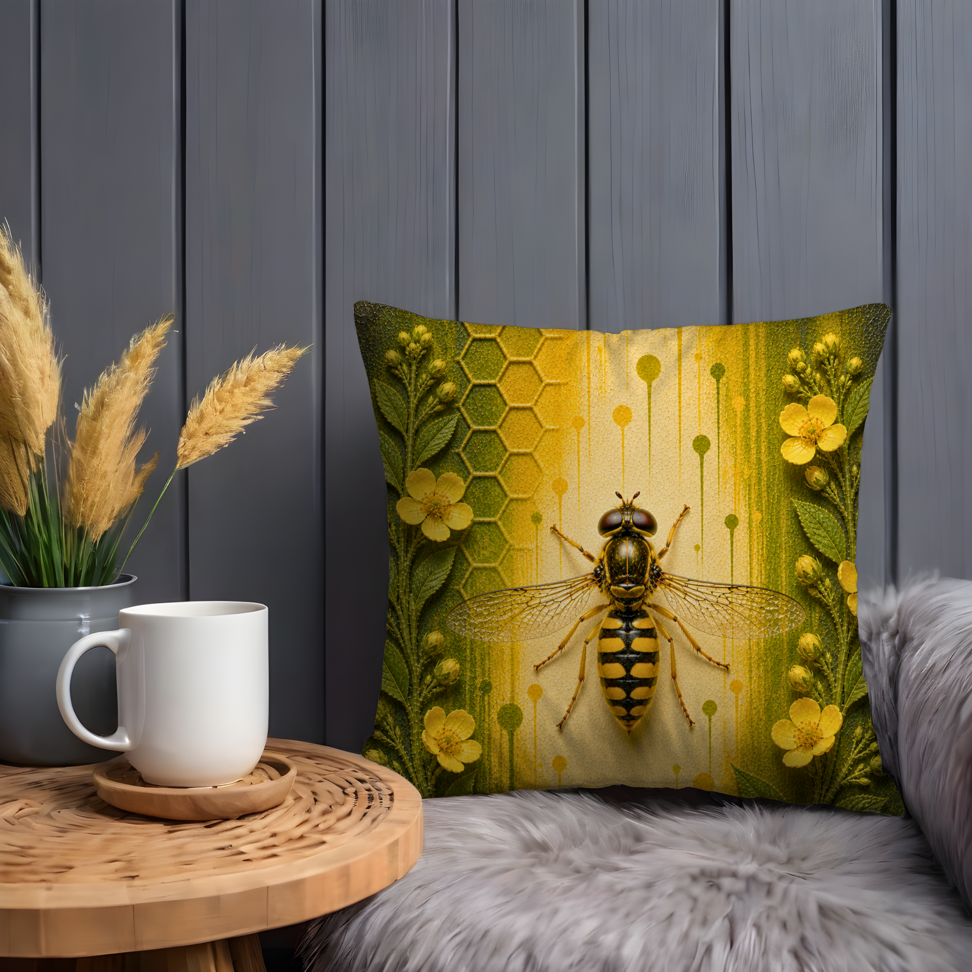 Wasp Pillow Cover | Yellow Black Insect Art | Nature Decor