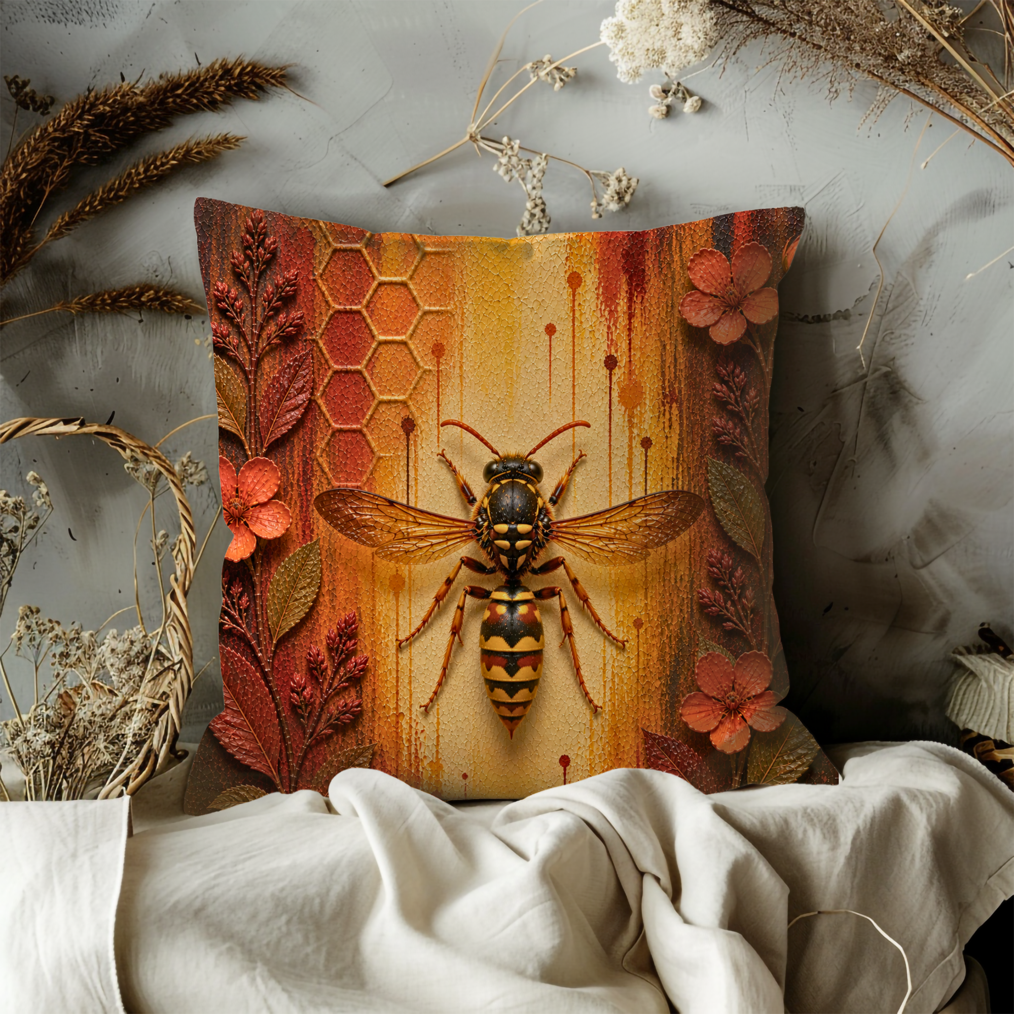 Wasp Insect Pillow Cover | Detailed Bug Art | Bold Nature Decor