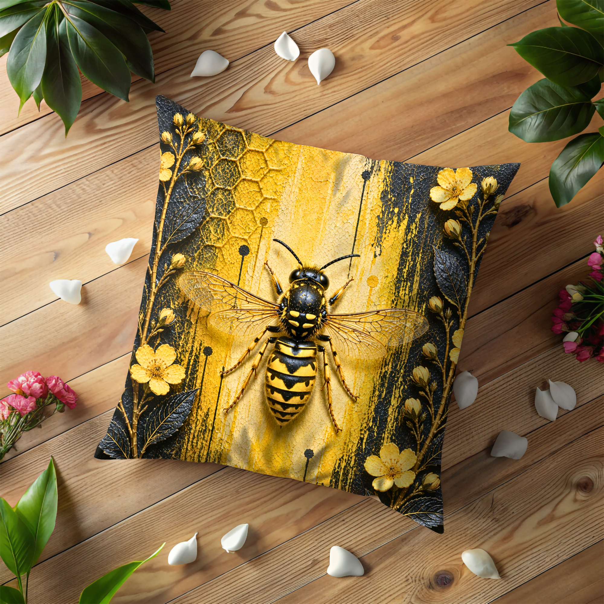 Yellow Wasp Pillow Cover | Honeycomb Insect Art | Nature Decor