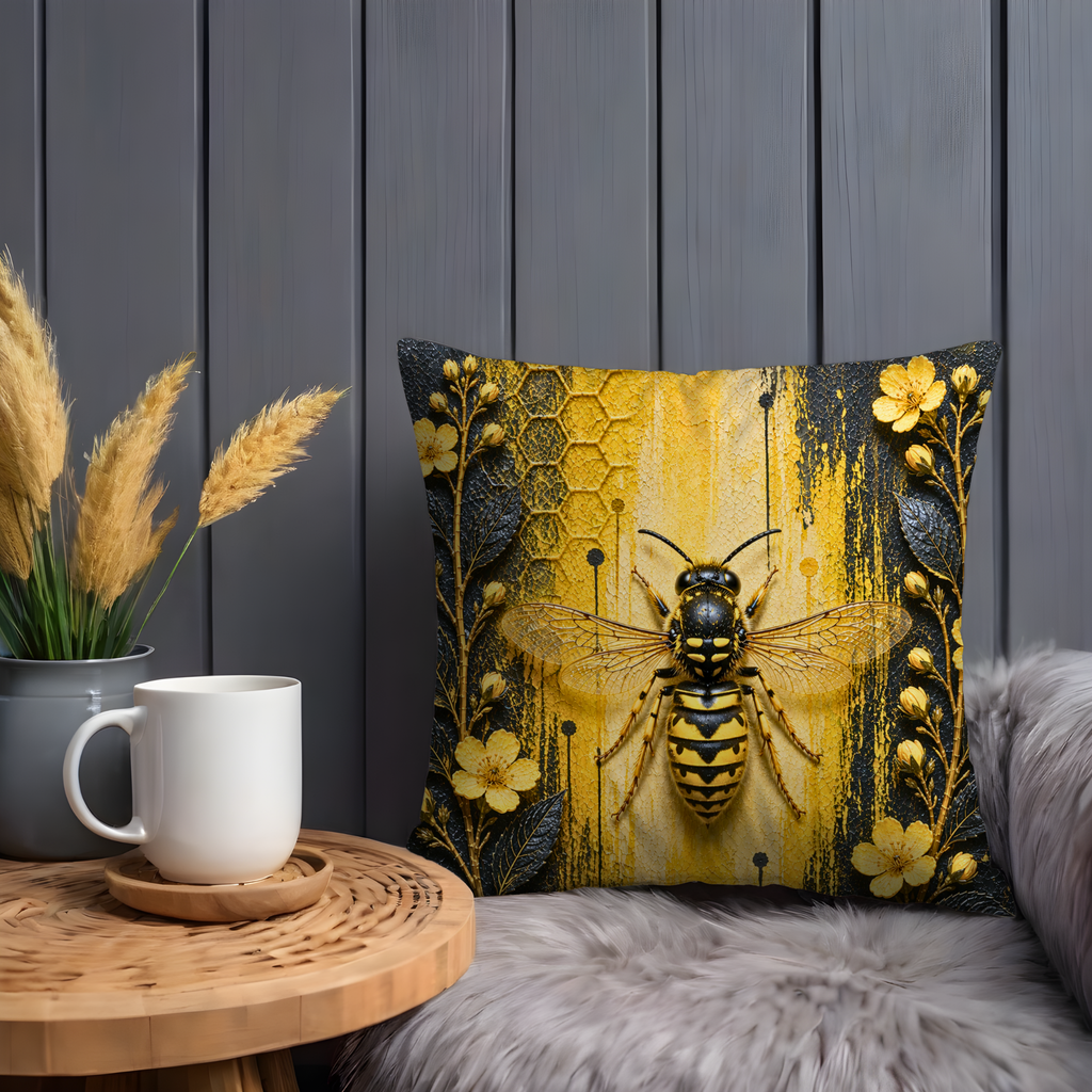 Yellow Wasp Pillow Cover | Honeycomb Insect Art | Nature Decor