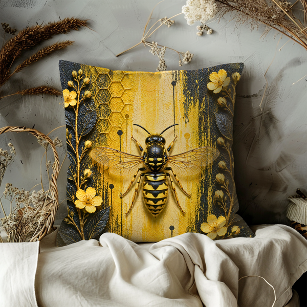 Yellow Wasp Pillow Cover – Honeycomb Insect Art | Nature Decor
