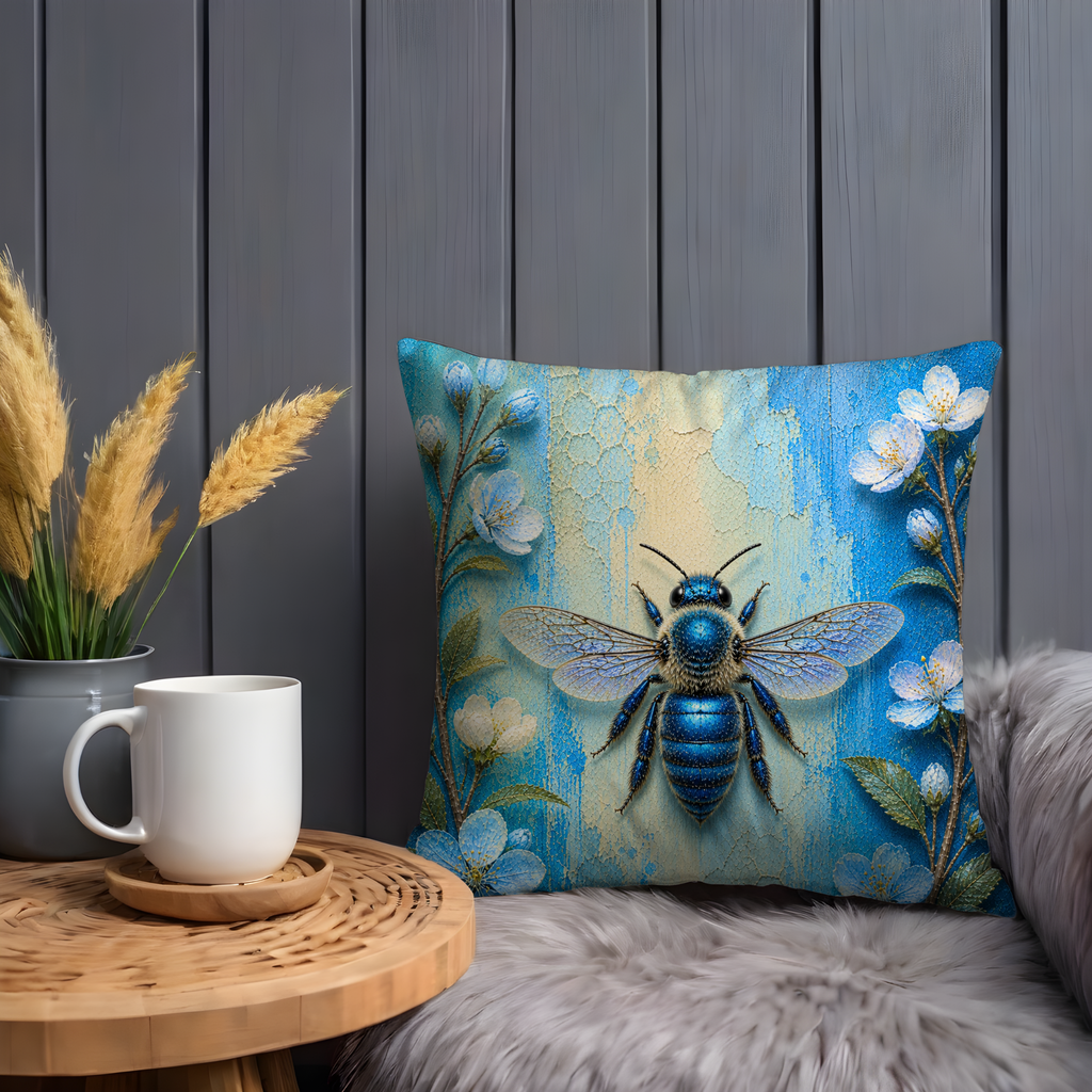 Blue Bee Pillow Cover | Vibrant Insect Art | Nature Decor