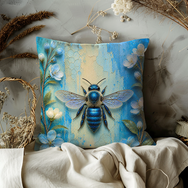 Blue Bee Pillow Cover – Vibrant Insect Art | Nature Decor