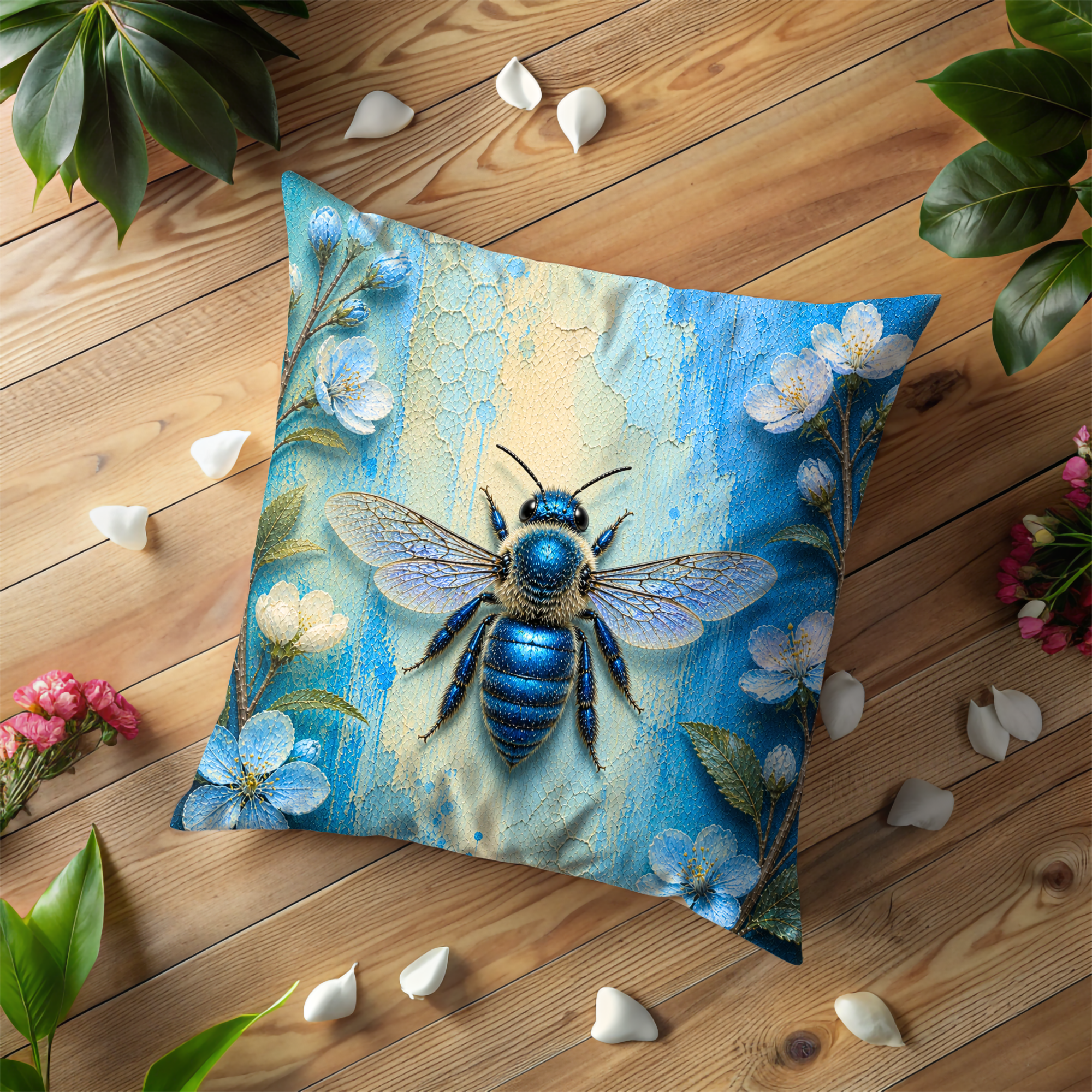 Blue Bee Pillow Cover | Vibrant Insect Art | Nature Decor
