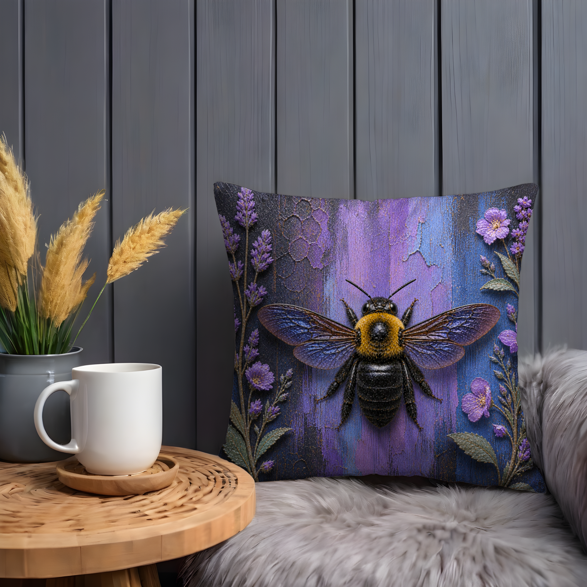 Bumblebee Pillow Cover | Purple Floral Art | Nature Decor