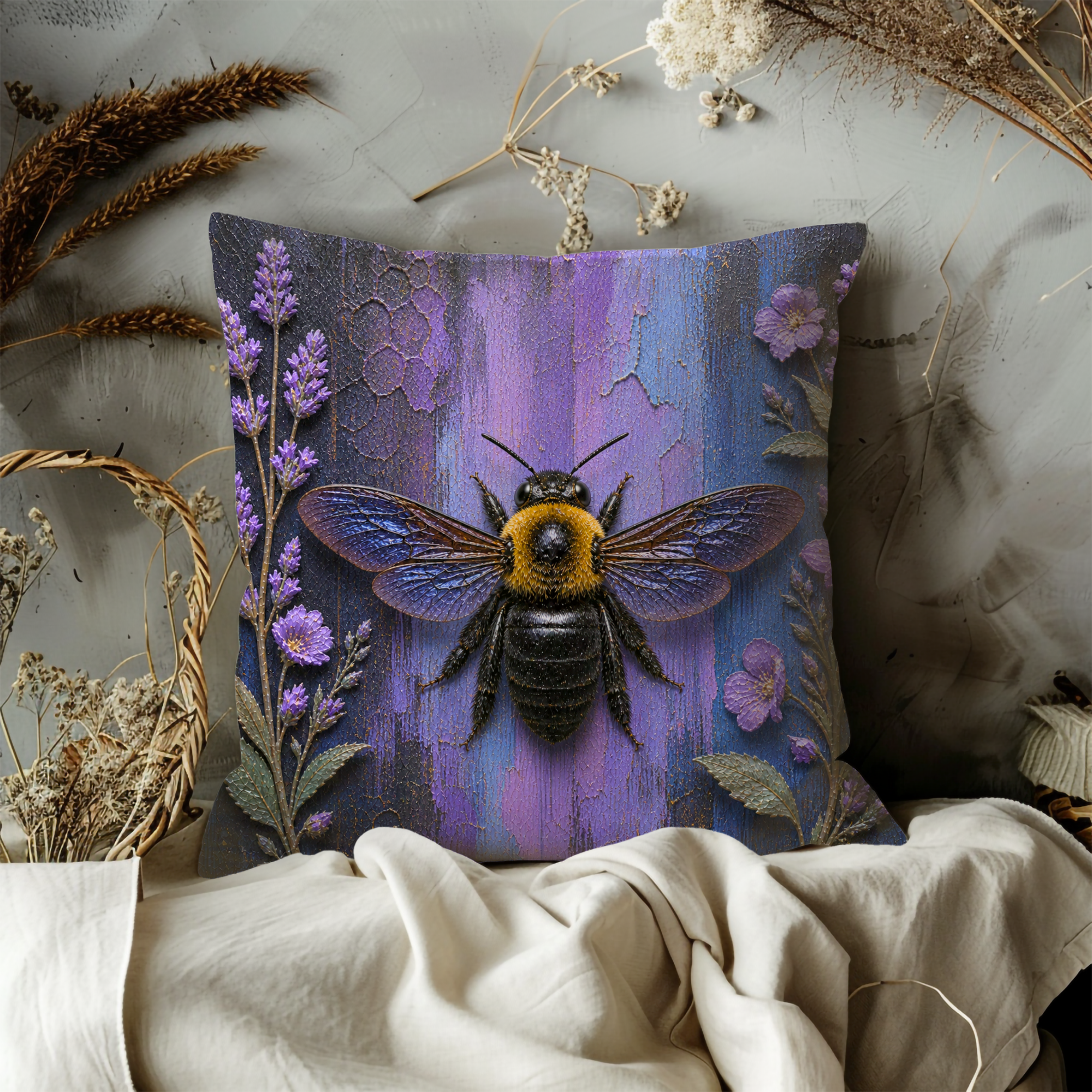 Bumblebee Pillow Cover | Purple Floral Art | Nature Decor