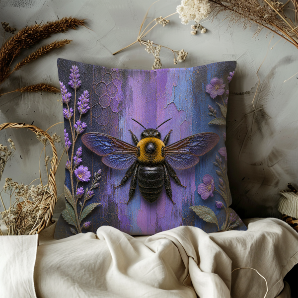 Bumblebee Pillow Cover – Purple Floral Art | Nature Decor