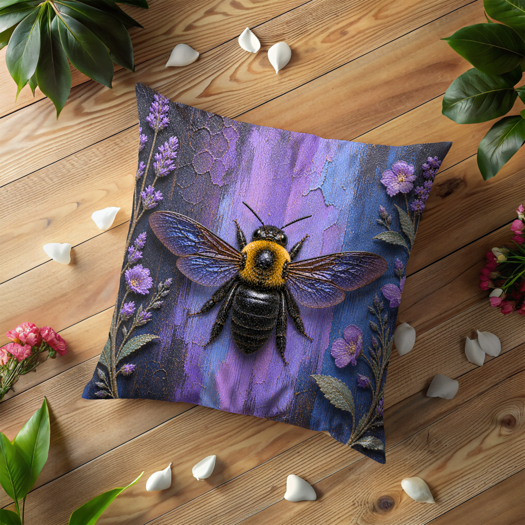 Bumblebee Pillow Cover | Purple Floral Art | Nature Decor