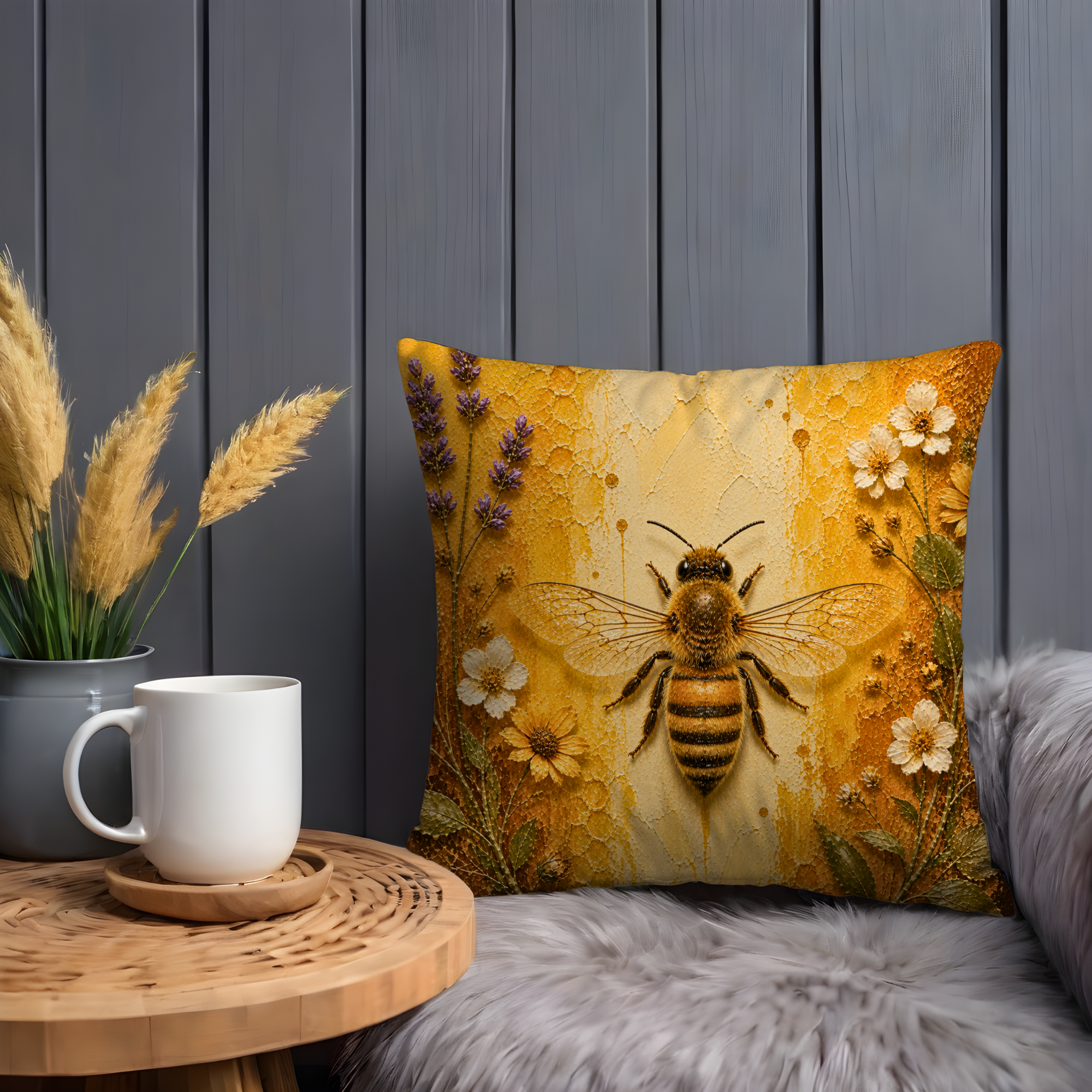 Honeybee Pillow Cover | Vibrant Insect Art | Golden Nature Decor