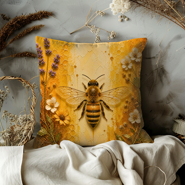 Honeybee Pillow Cover – Vibrant Insect Art | Golden Nature Decor