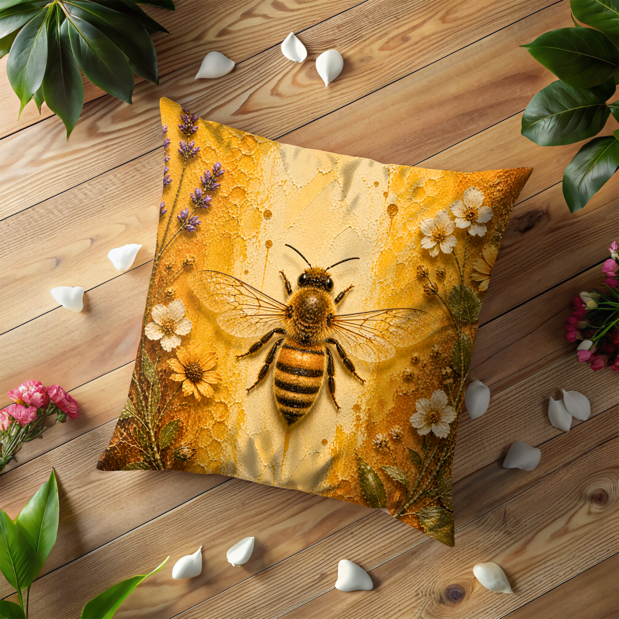 Honeybee Pillow Cover | Vibrant Insect Art | Golden Nature Decor