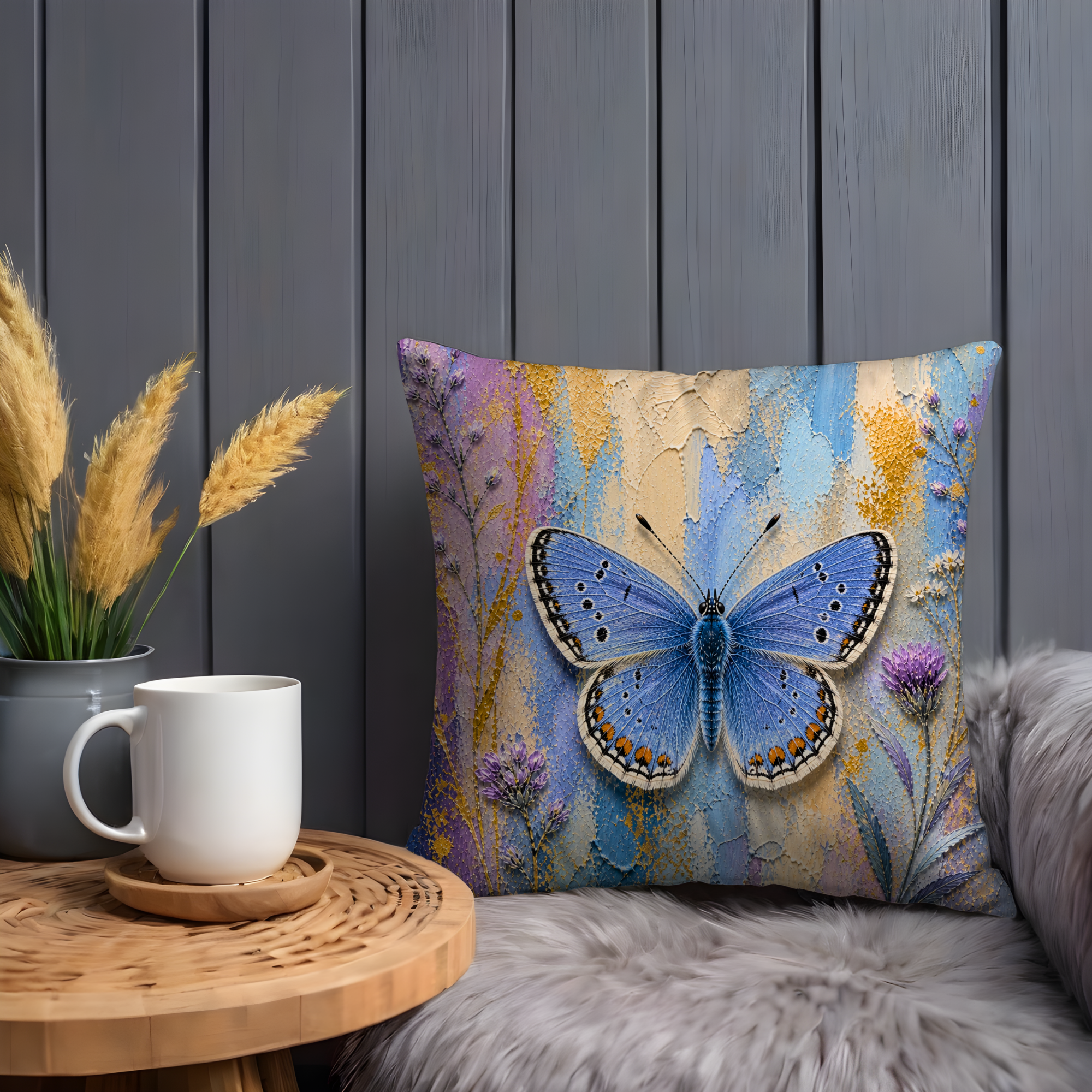 Blue Butterfly Pillow Cover | Vibrant Insect Art | Nature Decor
