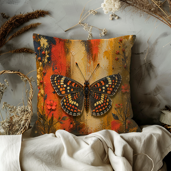 Checkered Butterfly Pillow Cover – Vibrant Insect Art | Bold Nature Decor