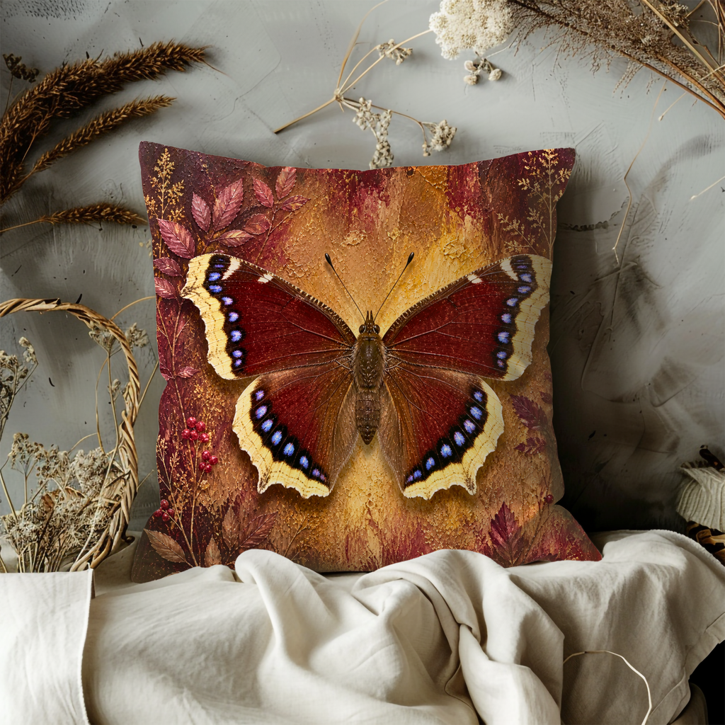 Mourning Cloak Butterfly Pillow Cover | Red Autumn Art | Nature Decor