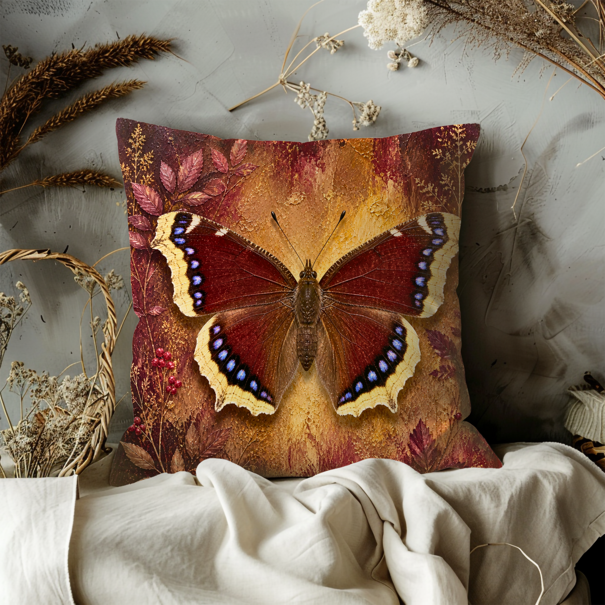 Mourning Cloak Butterfly Pillow Cover | Red Autumn Art | Nature Decor