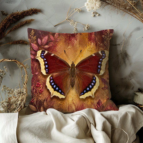 Mourning Cloak Butterfly Pillow Cover – Red Autumn Art | Nature Decor
